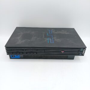 PlayStation 2 Console Front view of a black Sony PlayStation 2 console.