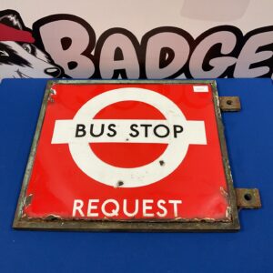 Vintage double-sided enamel bus stop sign in bronze frame.