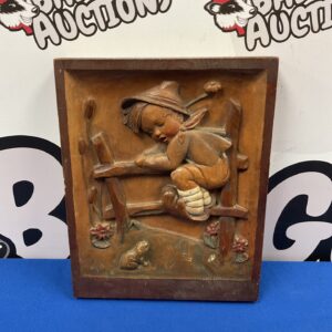 Vintage West German carved wooden panel with boy and frog.